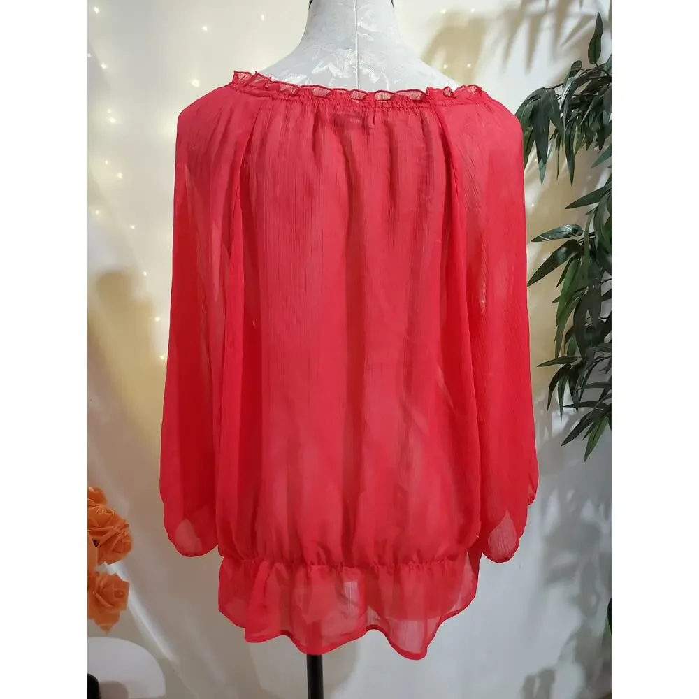 Old Navy Sheer Ruffle Chiffon Puff Sleeve Peasant Blouse Womens Size XXL Pink